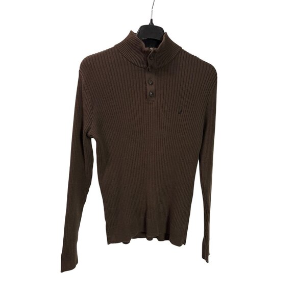 Nautica Mens Brown Ribbed Button Front Zip Henley Sweater Size M - Picture 1 of 4